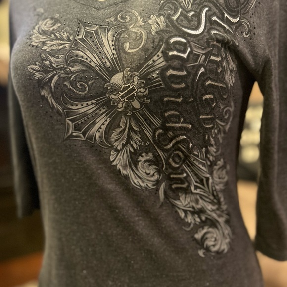 HARLEY-DAVIDSON charcoal gray ladies 3/4 sleeve t shirt cross design with bling - Picture 7 of 7